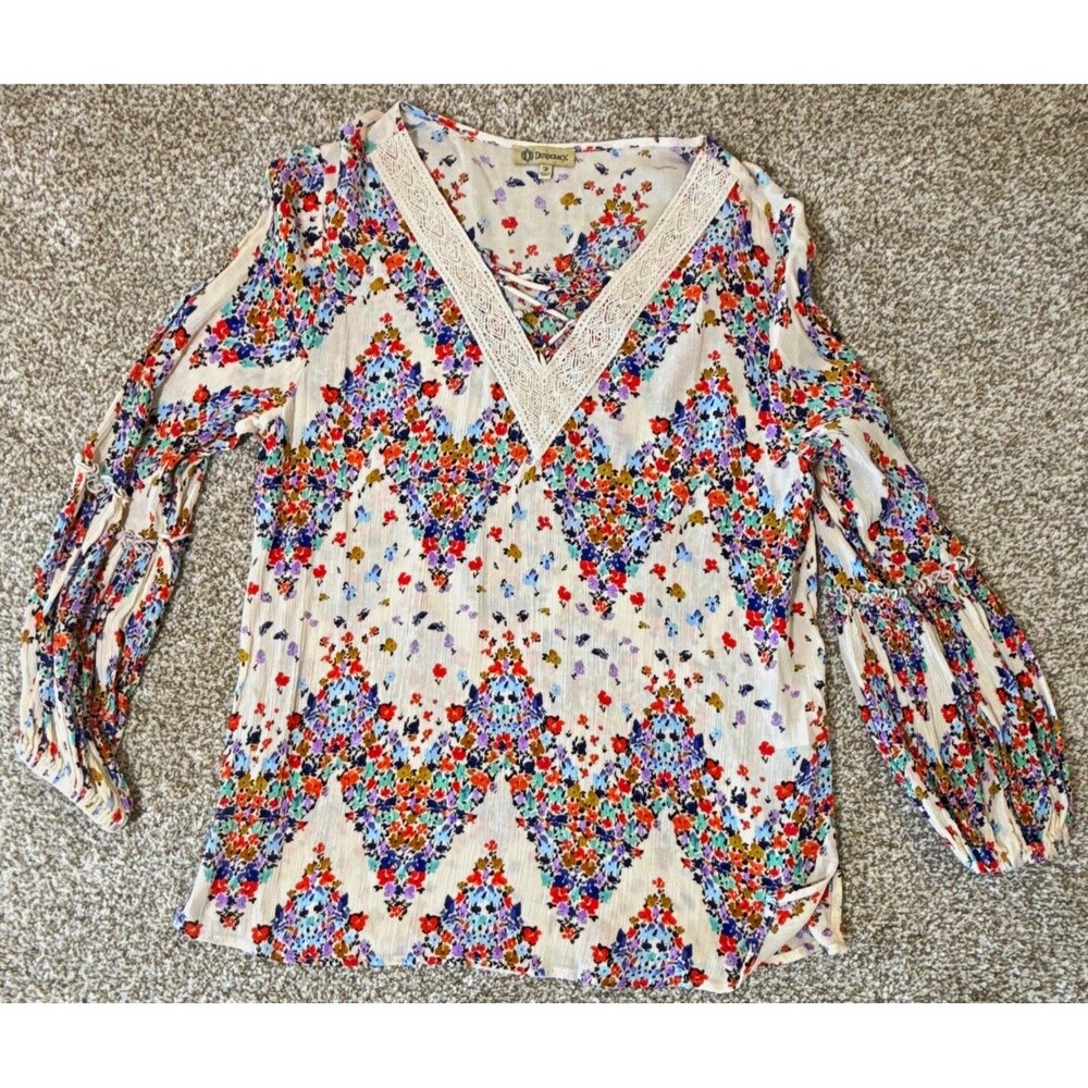 Democracy Women’s M Floral V-Neck Lace Trim Balloon Sleeve Blouse Pullover